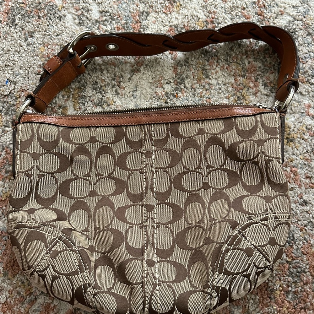 Coach Brown Leather Shoulder Bag with Signature Monogram